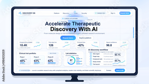 Clinical AI research platform landing page with therapeutic discovery workflow, trial portfolio and analytics dashboard