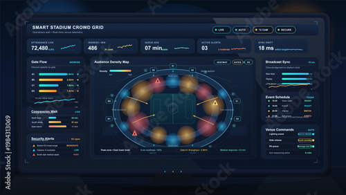 Smart stadium crowd monitoring dashboard interface with audience density map, gate flow, security alerts and venue telemetry