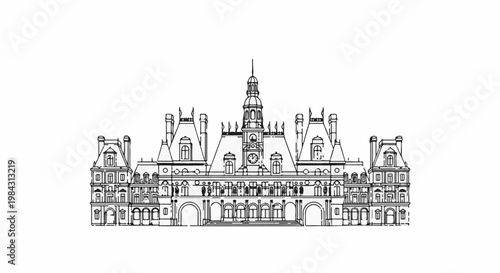 Ornate, symmetrical, historical building with arched entrances and a central clock tower