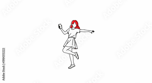 Minimalist line art of a young woman with red hair holding a phone