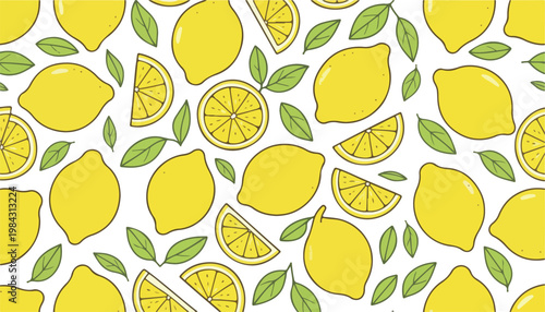 Vibrant Cartoon Lemons and Leaves Pattern on White Background