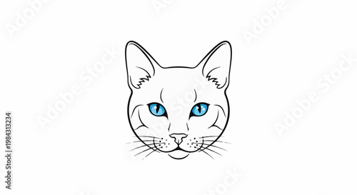 Minimalist line art of a white cat's face with striking blue eyes