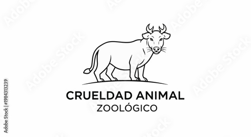 Outline of a cow with horns stands on a ground line