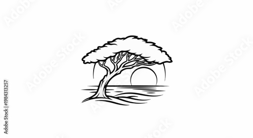 Minimalist line art of a solitary tree against a setting sun over water
