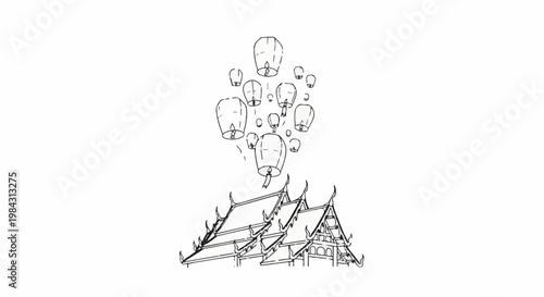 Ornate temple roofs with many lanterns ascending into the sky
