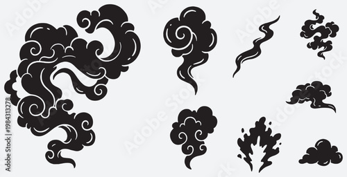 Set of black smoke and cloud illustrations in a stylized, graphic design.