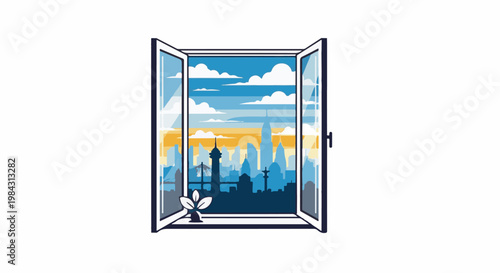 Open window view of a city skyline at sunrise with clouds and a plant