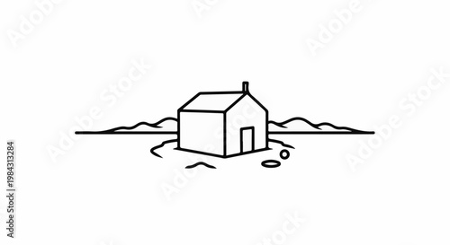 Minimalist line art of a simple house in a barren landscape