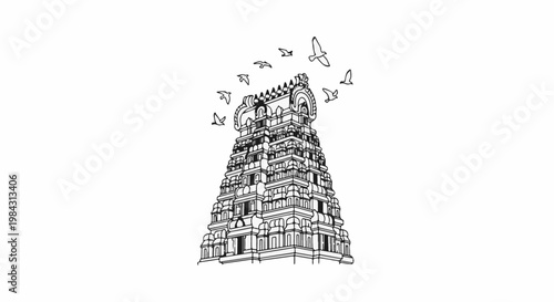 Ornate tiered structure topped with decorative spires and birds