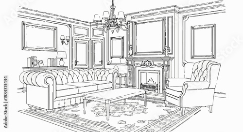 Opulent drawing room with chesterfield sofa, armchair, fireplace, chandelier