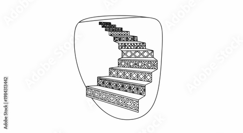 Ornate tiled staircase curves upward within an oval frame