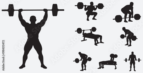 Collection of silhouette illustrations depicting various weightlifting exercises and poses.