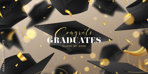 Congrats Graduates Concept Banner. Vector banner with 3d falling graduation caps, golden confetti. Decorative graduation card for design of graduation in college, school, university.