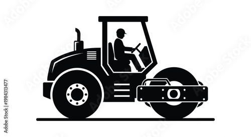 A striking black silhouette depicts a farmer operating a large road roller showcasing agricultural machinery and rural work silhouette high quality professional detailed modern