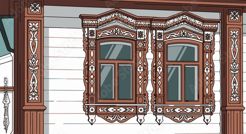 Ornate wooden window frames with intricate carved details adorn a white building