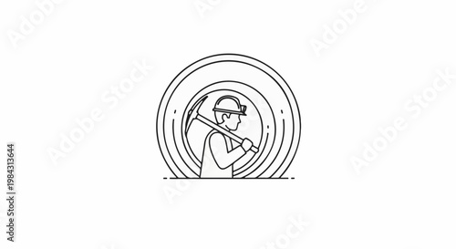 Outline of a miner with a pickaxe in a circular tunnel opening