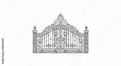 Ornate wrought iron double gate with decorative scrollwork and finials