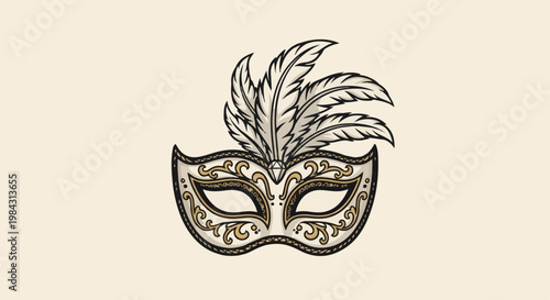 Ornate Venetian mask with feathers and gold embellishments on a cream background