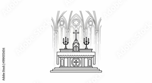 Ornate altar with crucifix and candlesticks in a gothic interior