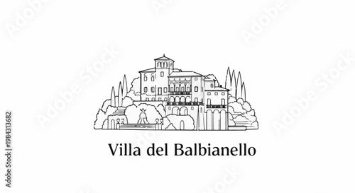 Ornate villa depicted on a hill, surrounded by trees and greenery