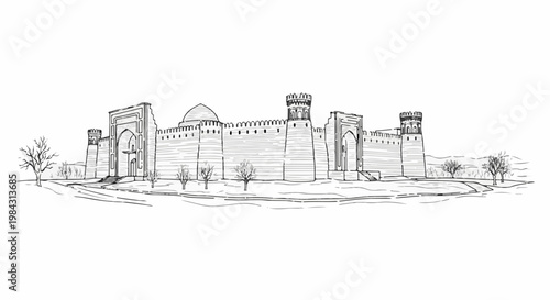 Ornate ancient fortress with arched gateway, domed roof, and crenellated towers