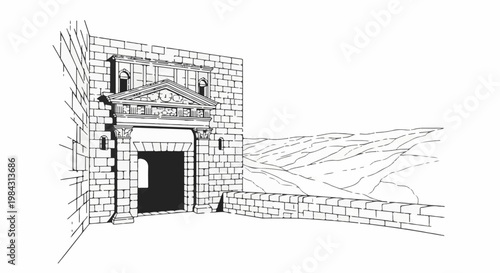 Ornate ancient stone gateway opens to a rolling, distant landscape under a clear sky