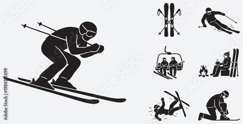 Collection of black and white silhouette icons representing various aspects of skiing and winter sports activities.