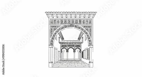 Ornate archway framing a courtyard with multiple arches and decorative details
