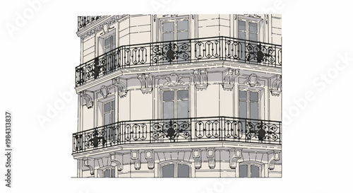 Ornate balconies adorn a Parisian building's corner facade
