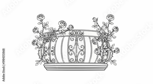 Ornate balcony railing with climbing roses and buds, black and white illustration