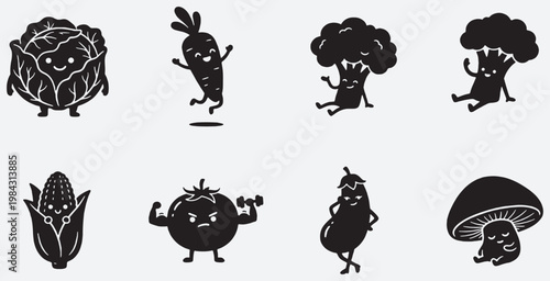 Set of cute cartoon vegetables and mushroom characters with happy faces and arms, isolated on a light grey background.