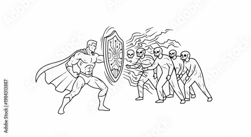 Muscular hero defends with shield against digital skulls and zombie-like figures