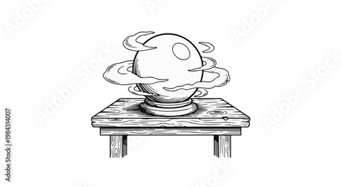 Mysterious orb swirls with smoke upon a rustic wooden table