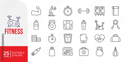 Fitness and Gym Line Icons Set. Workout and Health Training, Training, Exercise, Gym Tools Symbols Editable Stroke