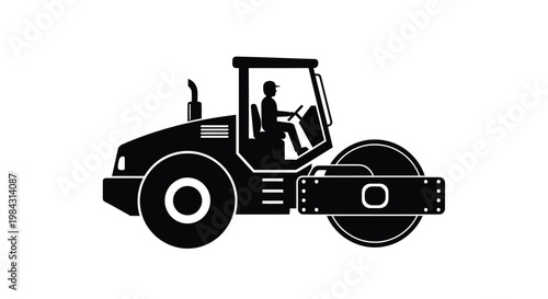 A stark black graphic depicts a road roller with a driver inside showcasing industrial machinery in a striking silhouette high quality professional detailed modern
