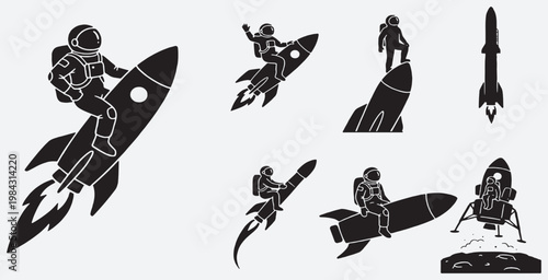 Collection of stylized black and white illustrations depicting astronauts riding rockets and exploring space.