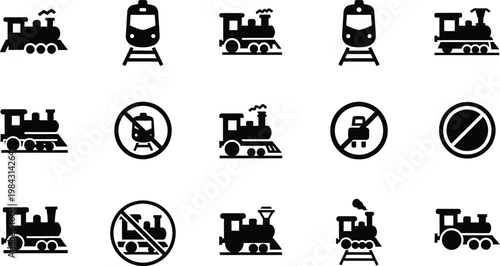 Set of black silhouette icons of various trains, locomotives, and railway transport symbols
