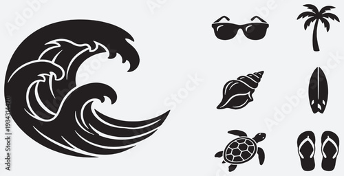 Set of black and white icons representing summer beach vacation elements like waves, sunglasses, palm tree, seashell, surfboard, turtle, and flip-flops.