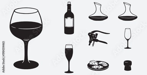 Collection of wine and beverage related icons including a wine glass, bottle, decanter, corkscrew, and champagne flute.