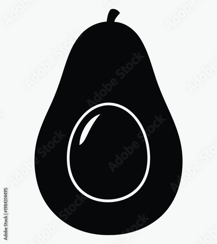 Black and white illustration of an avocado with a large seed inside