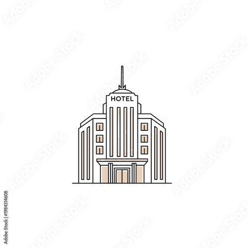 Minimalist hotel building illustration with clean lines and details  
