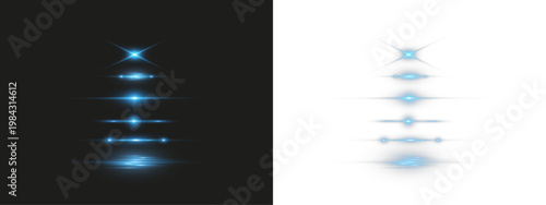Blue light flares and horizontal glow elements set with lens flare effect isolated on black background.