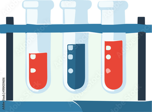Test tubes filled with colorful liquids in a laboratory rack, representing scientific research and experiments