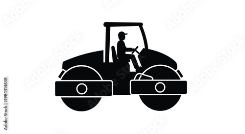 A stark black silhouette depicts a person operating a large road roller showcasing construction equipment and machinery silhouette high quality professional detailed modern elegant