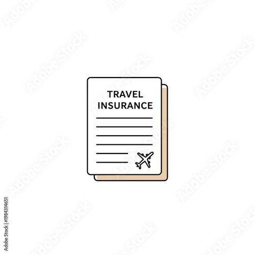 Travel insurance document with airplane icon on blank background  