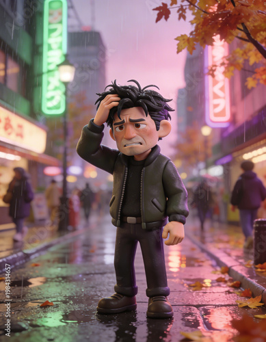 3D cartoon-style man with messy hair stands troubled on a nighttime street.