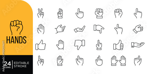 Hand Gesture Line Icons Set. Touch, Click, Swipe, Finger, Like, Thumbs Up Symbols Editable Stroke