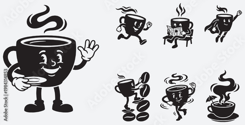 Collection of cartoon coffee cup characters in various poses and activities, black and white illustration.