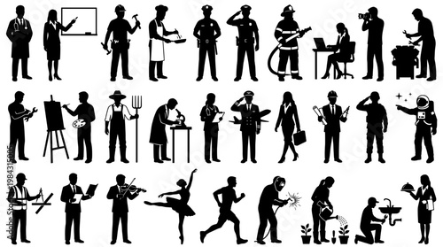 Collection of diverse professional silhouettes representing various occupations and activities, including artists, scientists, and service workers.
