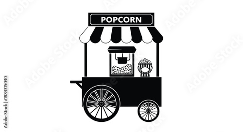 A black and white illustration depicts a classic popcorn stand with a striped awning and a full container silhouette high quality professional detailed modern